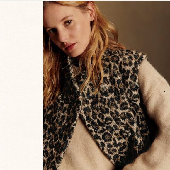 NEW Sezane Carlo Wool Vest Sz 34 / XS Jacquard Leopard  Sleeveless Coat - Picture 3 of 10